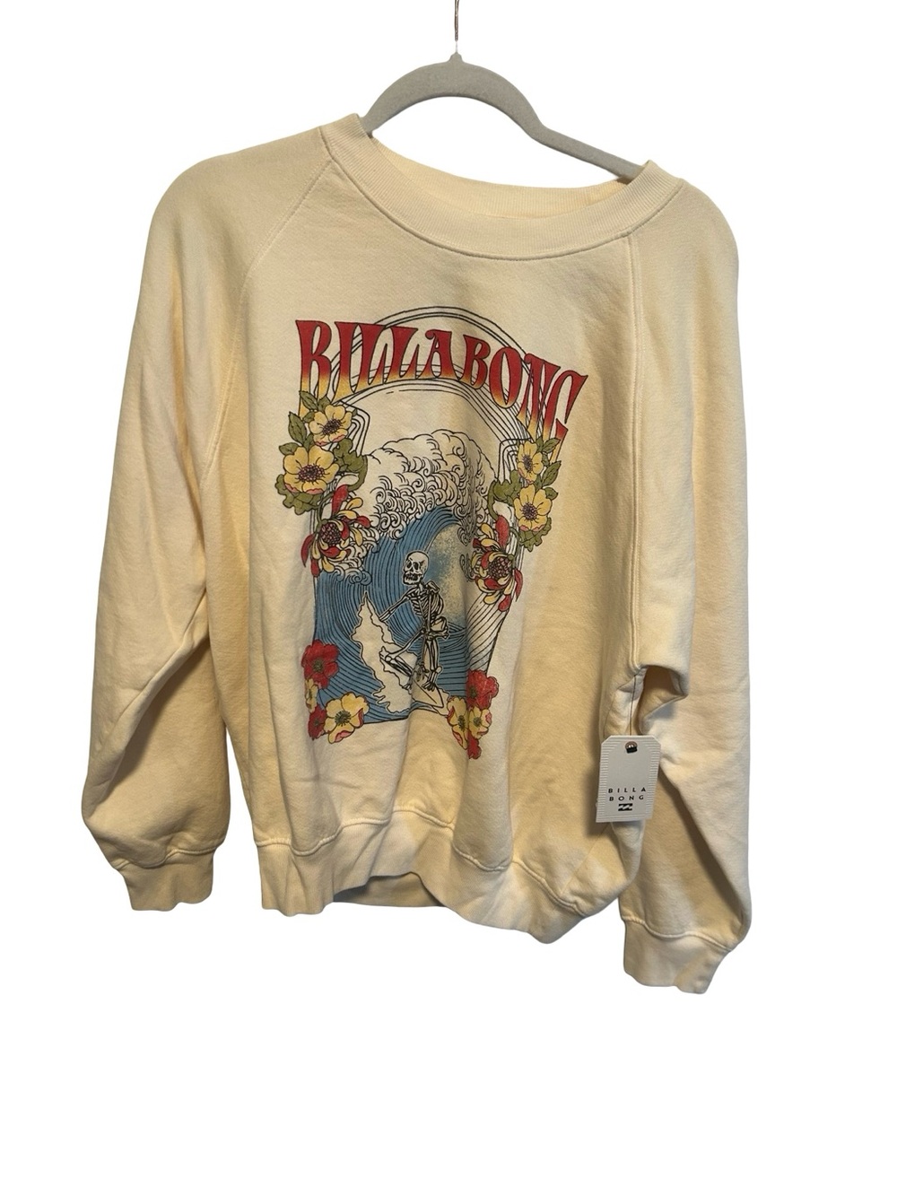 Billabong Cream Graphic Crewneck Sweatshirt with Red and Blue Print